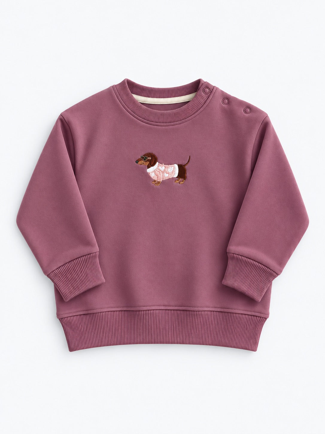 Girls Fleece Sweatshirt - Embroidered Dachshund Print Mauve