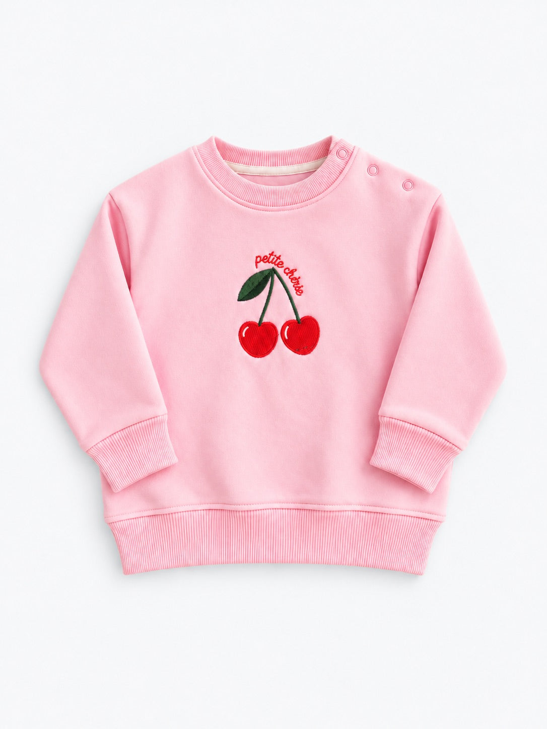Girls Fleece Sweatshirt - Embroidered Cherry Print Pink