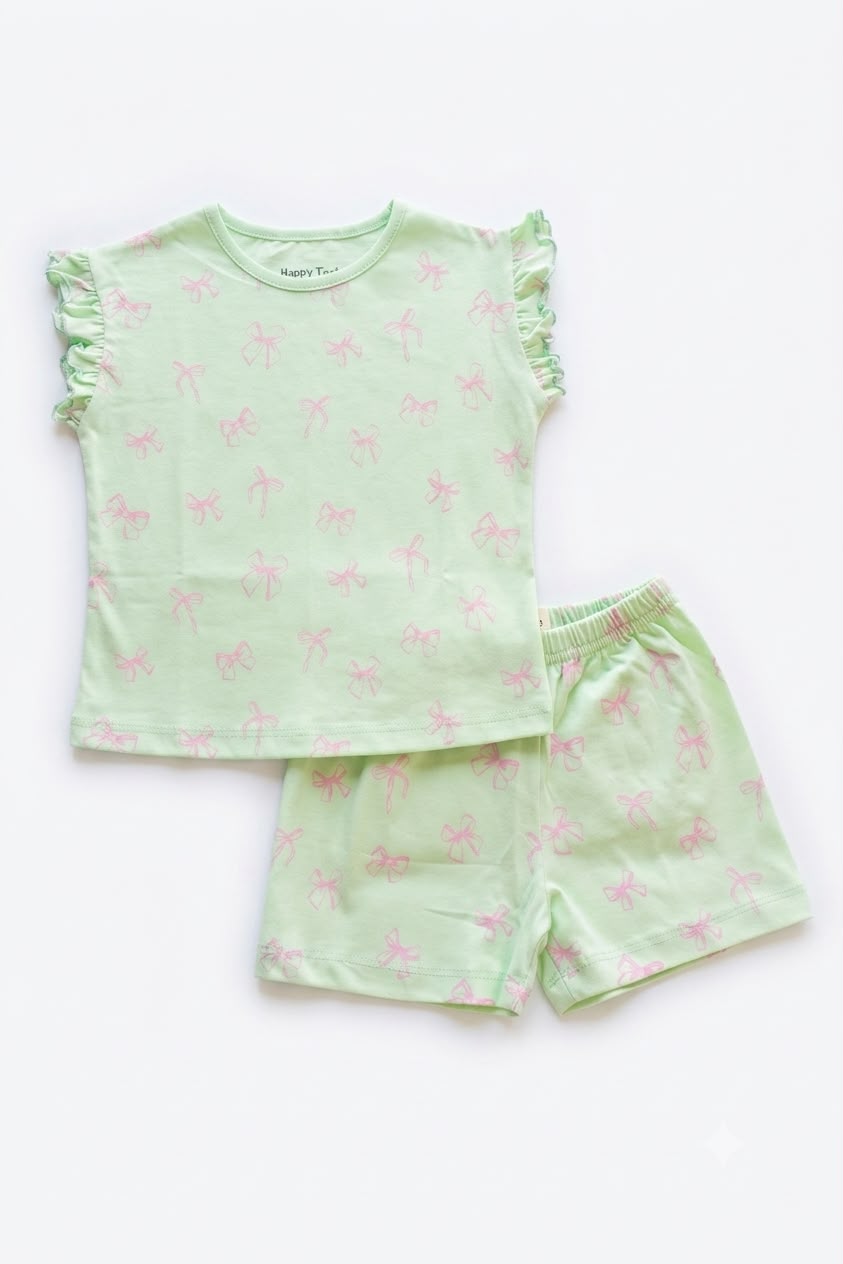 Girl Cotton Summer Pyjamas - Green Flowers
