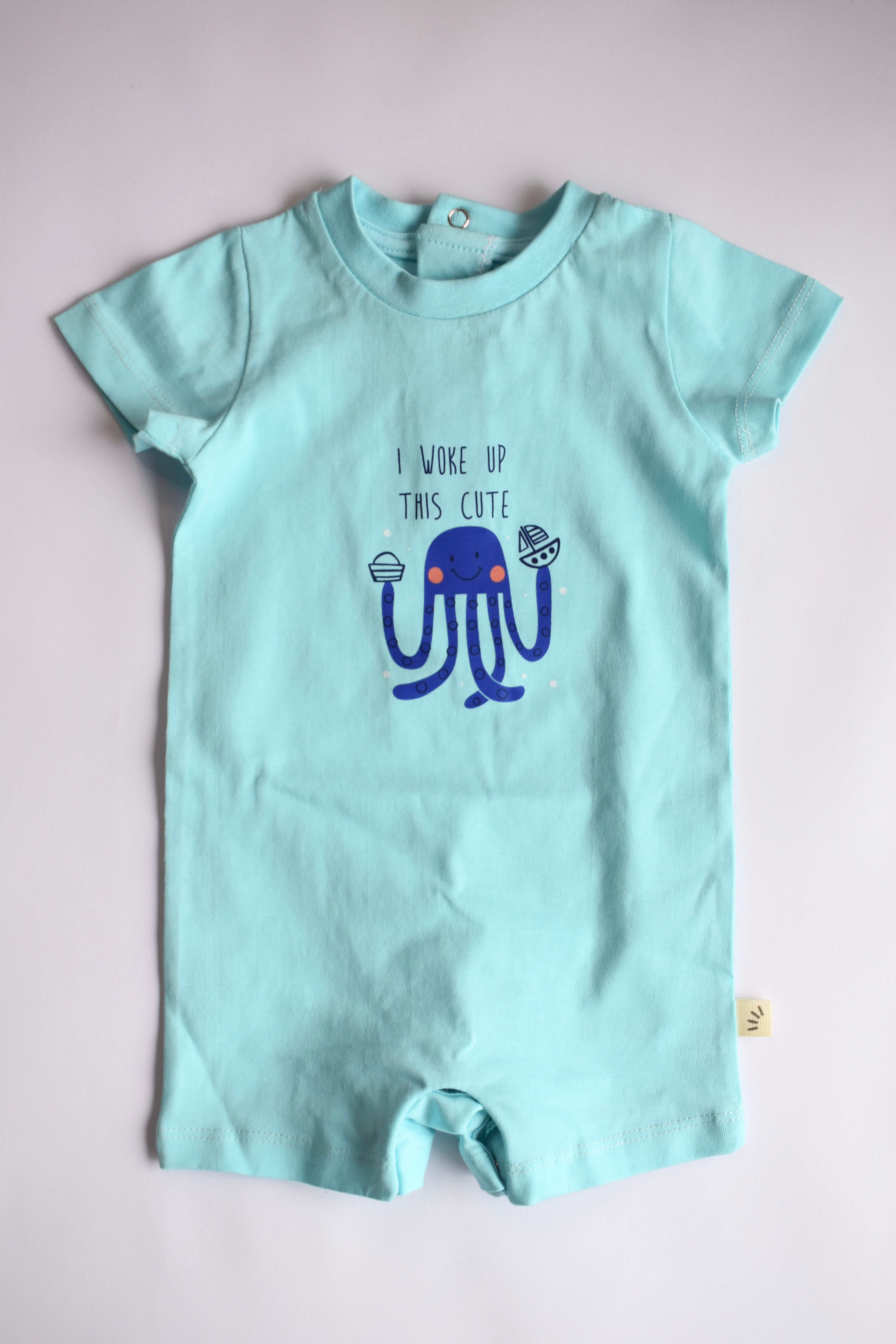 Baby Cotton Romper – I Woke Up This Cute Print Aqua