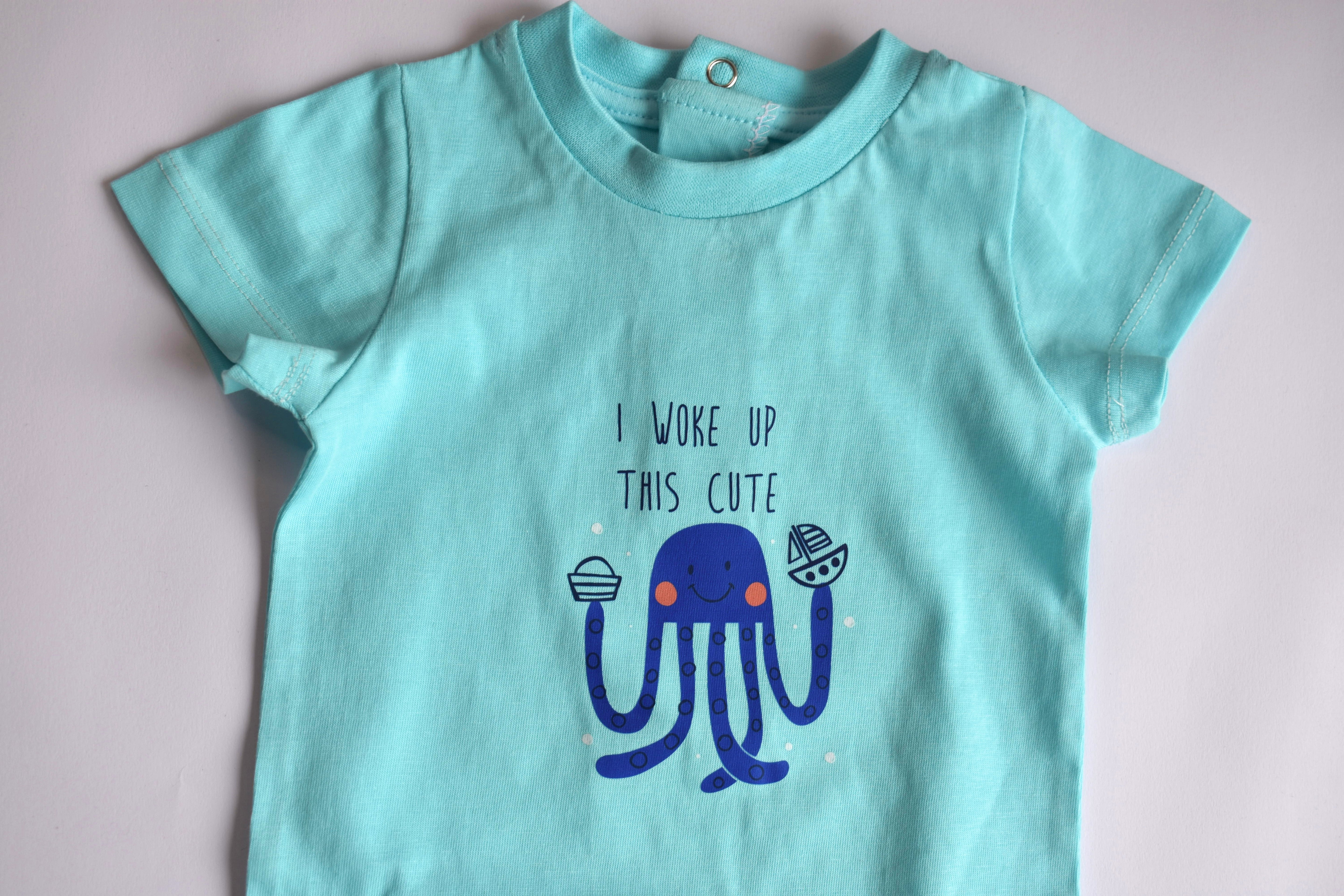 Baby Cotton Romper – I Woke Up This Cute Print Aqua